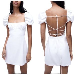 Zara Open Back Linen Blend Square Neckline Puff Sleeve White Viral Dress